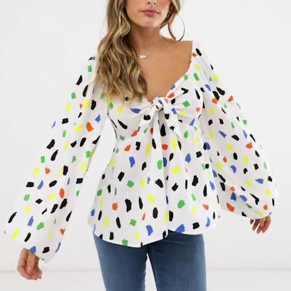 {ASOS DESIGN} Volume Long Sleeves Tie Front Top in Splodge Print
